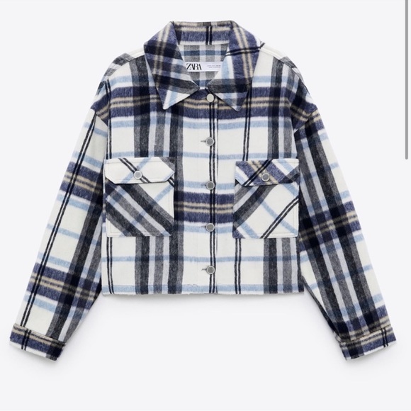 Zara Cropped Plaid Overshirt in Ecru Blue/Black - Picture 2 of 3